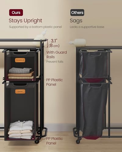VASAGLE Laundry Sorter, Laundry Hamper with Wheels, 39.6 Gal. (150 L) Portable Rolling Cart Baskets with Shelf, 4 Removable Liners and 6 Labels, Ink Black and Chestnut Brown URLS100B01 - size: 4 Bags