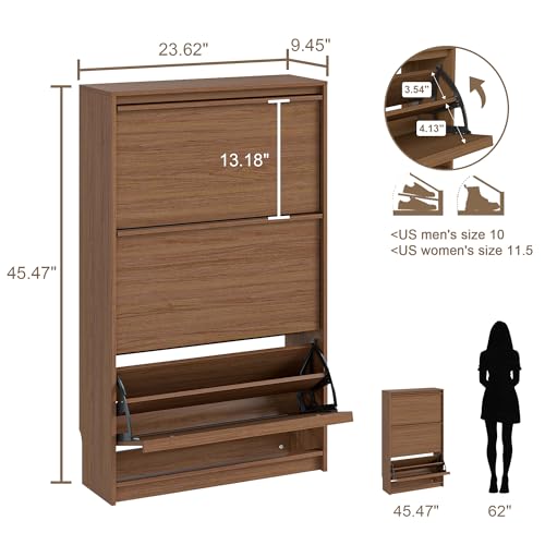 Shoe Cabinet with 3 Flip Drawers, 23.62" W Narrow Shoe Storage Cabinet for Entryway, Slim Shoe Organizer with Adjustable Shelves, Freestanding Shoe Rack for Hallway, Living Room, Walnut - color: Walnut, size: 9.45"D x 23.62"W x 45.47"H