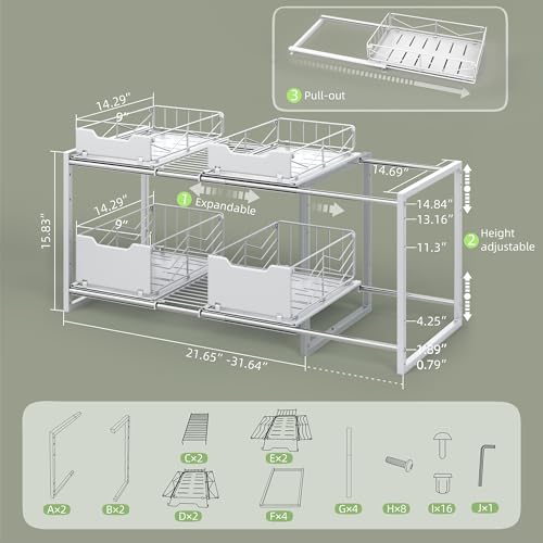 NETEL NETELAdjustable Under Sink Organizers and Storage, 2 Tier Expandable Pull Out Under Sink Organizers and Storage, 4 Pull-Out Metal Baskets, (21.5-31.64)" W X 14.69" D X 15.83" H - size: 4 pull out baskets(White)