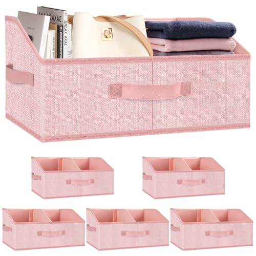Closet Storage Bins 6 Pack, Large Closet Organizer Baskets with Divider & Handles,Trapezoid Fabric Shelf Organizers, Collapsible Storage Cubes for Clothes, Towels, Toys - Pink - color: Pink 6 Pack