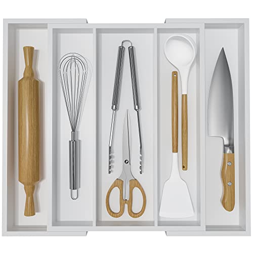 Utensil Organizer for Kitchen Drawers - Bamboo Silverware Tray Expandable 5 Slots Drawer Organizer for Office and Pantry Supplies W13.7-19.9" x L17.6 X H2.5 (White) - color: White