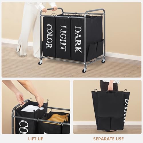 STORAGE MANIAC 3 Section Laundry Sorter, 35.9 Gal (136 L) Laundry Hamper Cart with Heavy Duty Rolling Lockable Wheel and Removable Bag, Clothes Organizer Basket Clothes Separator Hamper, Label Black - color: Lable Black, size: 3 Section