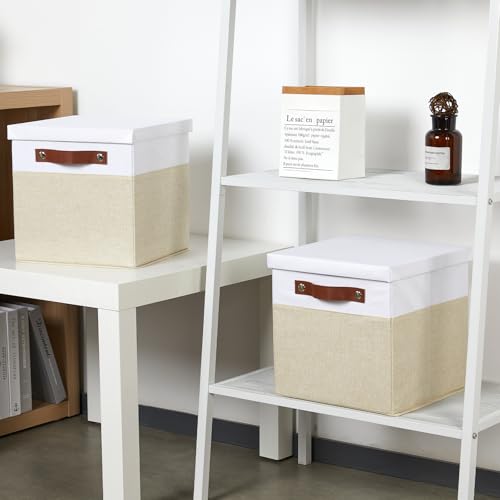 Temary Foldable Fabric Storage Bins with Lids, 2-Pack Storage Bin for Organizing Living Room, Closet Organization, Multi-Purpose Storage Boxes for Clothes (White&Khaki, 10.5x10.5x10.5in) - color: White&Khaki, size: 10.5×10.5×10.5
