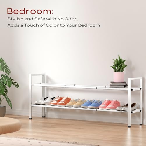 Bumusty 2-Tier Long Expandable Shoe Rack for Closet, 18"-44" Adjustable Shoe Rack for Entryway, 10-12 Pairs Large Shoe Organizer Shelf Storage, Sturdy Metal, White - color: White, size: 2-Tier
