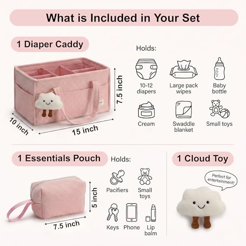 PeraBella Baby Diaper Caddy Organizer, Baby Basket Shower Gift, Portable Changing Table Basket, Postpartum Caddy & Tote Bag Pouch, Newborn Boy & Girl Nursery Essentials Registry, Car Diaper Organizer - color: Blush Pink