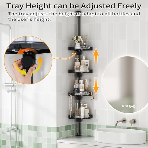 shuang qing 360° Rotating Corner Shower Caddy Tension Pole Organizer - 4-Tier Adjustable Rustproof Metal Pole, Plastic Shelves with Safety Guardrail, Bathroom Storage for Shower & Bathtub(Black) - color: Black, size: Rotation