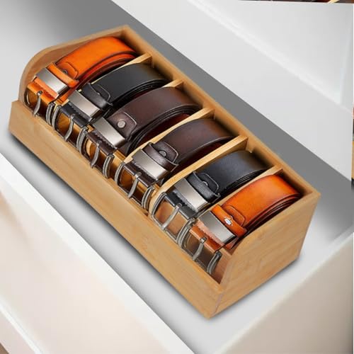 GTI Belt Organizer, 6 Compartments Belt Organizer for Closet and Drawer, Bamboo Display Case for Tie and Belt, Belt Storage Organizer for Men Women (Wooden) - color: Wood, size: 6 Compartments