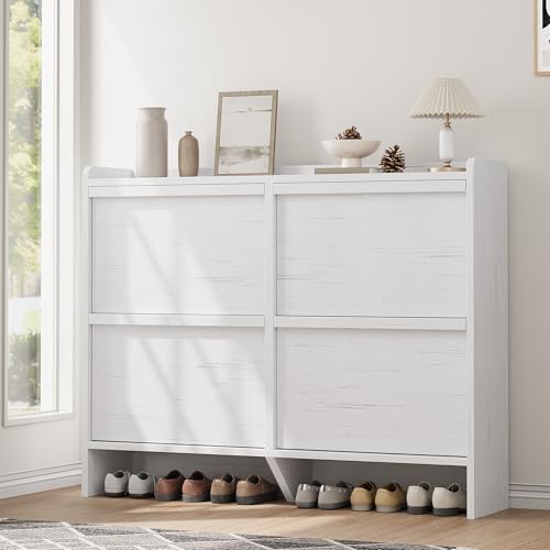 GarveeHome Shoe Cabinet with 4 Flip Drawers, Wooden Shoe Organizer Cabinet with Adjustable Shelf, Shoe Storage for Entryway, Hidden Shoe Cabinet for Hallway, Living Room, White - color: White, size: 4-Drawers