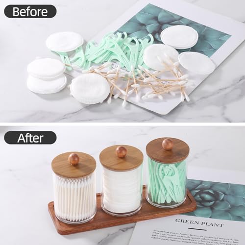 Tbestmax Qtip Holder with Vanity Tray, Clear Bathroom Containers Dispenser for Storage Cotton Swab/Ball/Pad Holder Wood Lids - color: Group A-Brown Bamboo