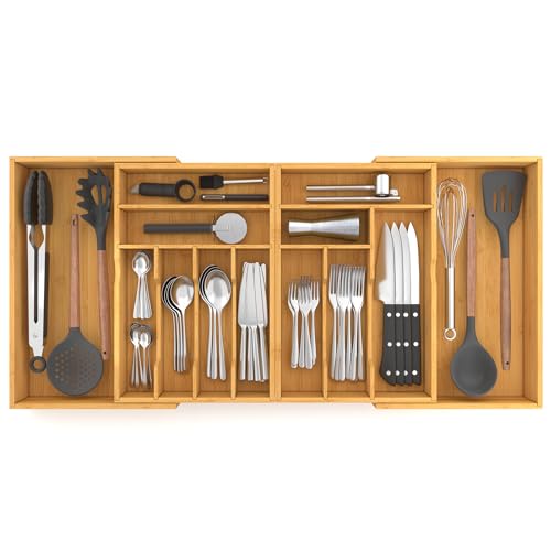 Suli Large Silverware Drawer Organizer，Adjustable Kitchen Flatware for Forks Knives and Spoons， Bamboo Cutlery Utensil Holder,Expandable from 22in-37in，Natural Bamboo