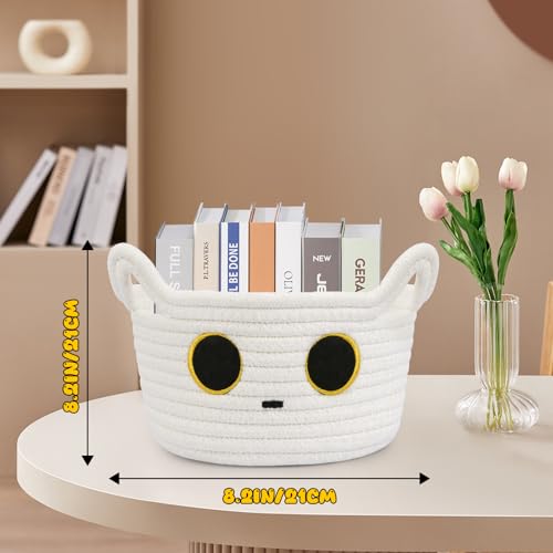Small Storage Cute White Cat Cotton Rope Woven Basket for Nursery, Blanket Basket Organizer With Ears Toy Storage Bin Box 8.5×4.5 inches - color: White, size: 9 × 5 inches