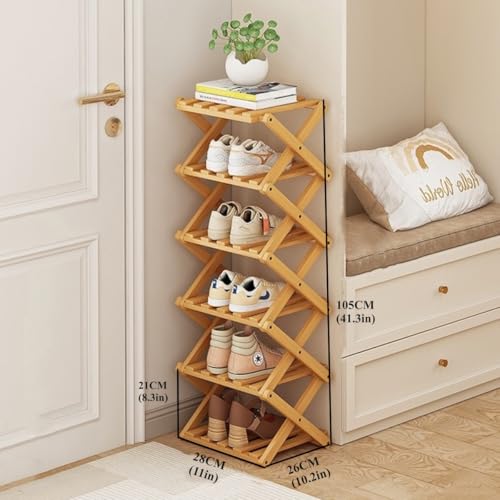 Foldable Shoe Rack, Bamboo Vertical Shoe Organizer Tall for Small Spaces. Multifunctional Narrow Shoe Shelf for Entryway, Closet, Corner, Bedroom, Hallway, Wood Color 6 Layers - color: Wood Color, size: 6 Layers