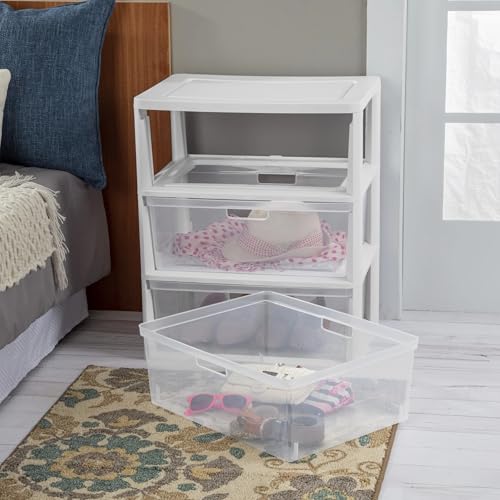 Plastic Drawer Wide Tower Plastic Storage Cart with Clear Pull Out Drawers, Black (White, 3 Drawer Wide Tower Broad) - color: White