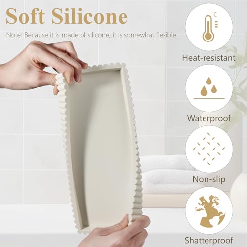 Silicone Bathroom Tray Small Vanity Organizer Rectangle Sink Caddy Sponge Holder Kitchen Counter Decor for Dish Soap, Perfume, Candle, Beige - color: Beige