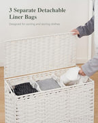 SETVSON Laundry Hamper with Lid 132 L, (35 Gallons) Clothes Hamper with Lid, Handwoven Rattan Laundry Hamper with Metal Heightened Feet, Laundry Hampers with 3 Removable Liner Bags for Laundry-White - color: Cloud White, size: 132 L - 35 gal
