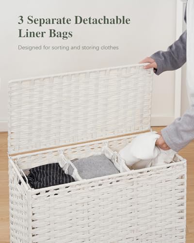 SETVSON Laundry Hamper with Lid 132 L, (35 Gallons) Clothes Hamper with Lid, Handwoven Rattan Laundry Hamper with Metal Heightened Feet, Laundry Hampers with 3 Removable Liner Bags for Laundry-White - color: Cloud White, size: 132 L - 35 gal