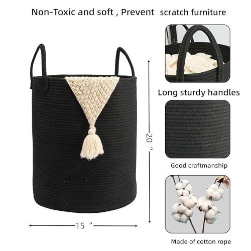 Woven Cotton Rope Laundry basket-15”X20” Laundry Hamper-Rope Storage Basket for Dirty Clothes, Toys and Blankets Perfect for Bathroom, Baby nursery and Living Room Storage (black) - color: black, size: regular