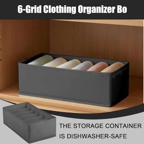 6 Grid Foldable Clothes Organizer Box,Wardrobe Storage Bin with PP Board Support,for Underwear, Socks, and T-Shirts,Grey - color: Grey, size: 6 Grid