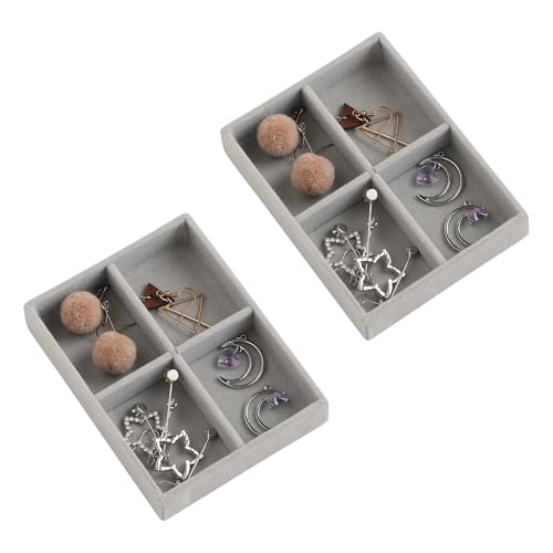 Frebeauty Small Jewelry Tray Set,Stackable Velvet Jewelry Organizer Tray,Mini Jewelry Drawer Organizer,Drawer Inserts,4.92 x 3.74 x 0.9 Inches,4 Grid Earring Organizer for Women(Set 2,Grey) - color: Grey, size: 4 Grids Set 2