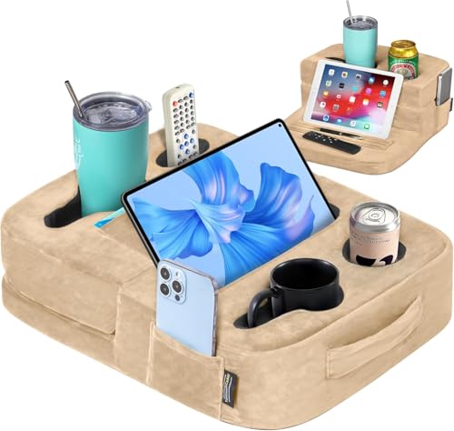 TabCouchCaddy - Couch Cup Holder Tray Pillow - Bed, Couch Caddy, Sofa, RV & Car - Holds Drinks, Snacks, Remotes, Phones, Kindle, Tablet | Bed Cup Holder (Beige) - color: Beige