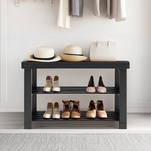 Sweetcrispy 3-Tier Shoe Rack Bench, Bamboo Entryway Storage Organizer, Shoes Stand for FrontDoor Entrance, Bedroom, Living Room, 286lb Capacity, 11.3 x 27.6 x 17.8 Inches, Pitch-Black - color: Black, size: 27 inches WIdth