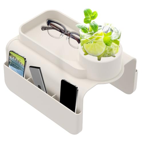 Sofa Armrest Organizer Tray with Cup Holder and Side Pockets, Non-Slip Silicone Caddy for Drinks Remote Control Phone Snacks, Living Room Couch Arm Storage(White) - color: White