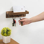 MyGift 10 Inch Floating Wall Shelf with Hooks, Dark Brown Wood Entryway Storage Shelf with 4 Metal Key Hooks - color: Dark Brown