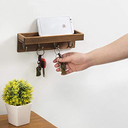 MyGift 10 Inch Floating Wall Shelf with Hooks, Dark Brown Wood Entryway Storage Shelf with 4 Metal Key Hooks - color: Dark Brown