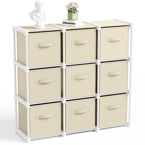 Briwooody 9 Cube Storage Organizer Bins with Shelf 11'' Toy Storage Box Back to School Dorm Organizers Fabric Unit for Playroom Book (Creamy White) - color: White