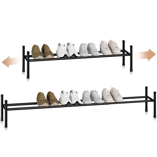 STORAGE MANIAC Long Expandable Shoe Rack, 6 Pairs Metal Wide Stackable Shoe Rack, Adjustable Shoes Shelf, Freestanding Shoes Organizer for Closet, Entryway, Hallway, Garage, Front Door, 1 Tier - size: 1-tier