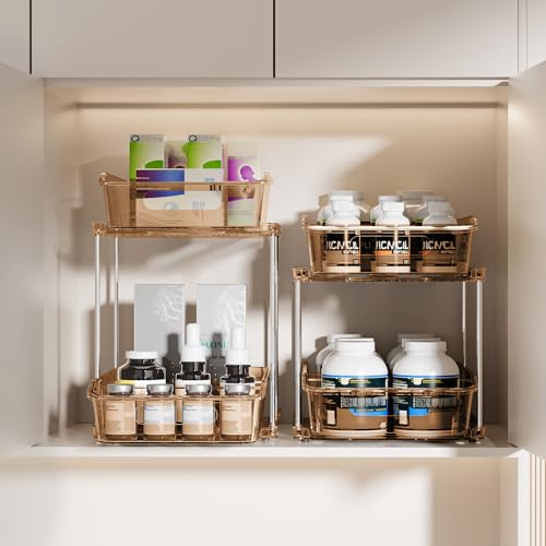 Delamu 2-Tier Under Sink Organizers and Storage, Multi-Purpose Stackable Bathroom Cabinet organizers, Pull Out Kitchen Pantry Organization and Storage with Dividers(2 Pack, Amber) - color: Amber, size: 2 Pack