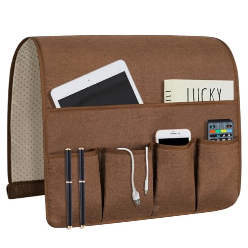 NB Sofa Armrest Organize Remote Holder Bedside Caddy Organizer With 5 Pockets, Non-Slip Couch Remote Control Holder Couch Armchair Caddy Accessories (Brown, 35''x18'') - color: Brown, size: 35''x18''
