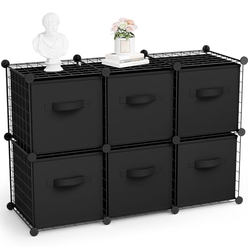 Leinuosen 6 Cube Storage Organizer with 6 Foldable Fabric Storage Bins, Metal Wire Grid Shelves, Stackable Modular Closet Organizer for Bedroom Living Room Office Toys Books(Black,Black) - color: Black,Black