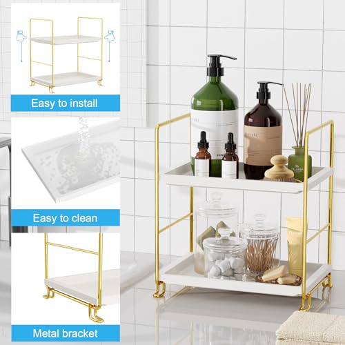 FSyueyun 2-Tier Bathroom Counter Organizer, Tool-Less Vanity Organizer for Skincare, Premium Plastic Bathroom Organizer Tray for Perfume & Cosmetics, （White & Gold） - color: Gold