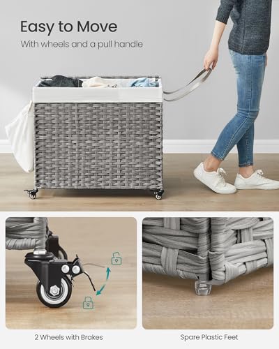 SONGMICS Laundry Hamper with Lid, 42.3 Gallons (160 L), Rolling Laundry Basket with Wheels, 3-Section Synthetic Rattan, Removable Liner, Bedroom, 29.9 x 13 x 26 Inches, Gray ULCB365G01 - color: Gray, size: 160 L