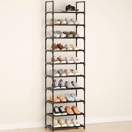 10-Tier Tall Shoe Rack, Adjustable 20-25 Pairs Shoe Shelf Storage Organizer for Entryway Hallway Closet Bathroom Living Room (Black) - color: Black-10tier