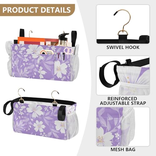 Bedside Caddy Metal Frame Hanging Organizer Bunk Bed Dorm Accessories Hook And Loop Storage Bag Large Pockets Bright Purple Flowers - color: Bright Purple Flowers