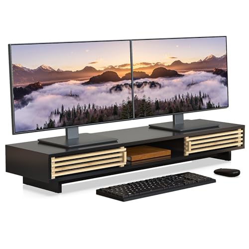 Dual Monitor Stand with Sliding Bamboo Doors - Heavy Duty Wood Computer Monitor Riser for 2 Screens, Ergonomic Desk Organizer with Storage & Keyboard Tray, Natural & Black (38 Inch) - color: Black + Natural Bamboo, size: 38 Inch