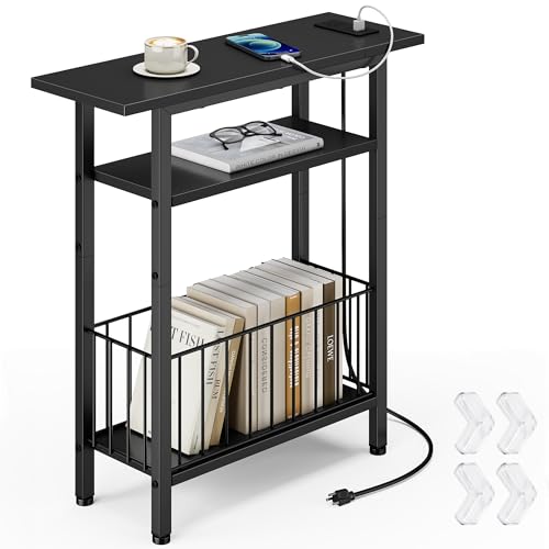 Vagusicc Narrow Side Table with Charging Station, 3-Tier Skinny Side End Table for Couch, Small End Tables for Small Spaces, 25.2" Tall Slim Nightstand Bedside Table for Living Room, Bedroom, Black - color: Black, style: With Plug