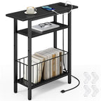 Vagusicc Narrow Side Table with Charging Station, 3-Tier Skinny Side End Table for Couch, Small End Tables for Small Spaces, 25.2" Tall Slim Nightstand Bedside Table for Living Room, Bedroom, Black - color: Black, style: With Plug