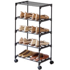 5-Tier Small Shoe Rack with Wheels, Slide-Out Metal Shoe Racks Storage, Anti-Rust Coating, Stackable Design - 16.9W for Entryway, Kitchen, Living Room & Office - Black