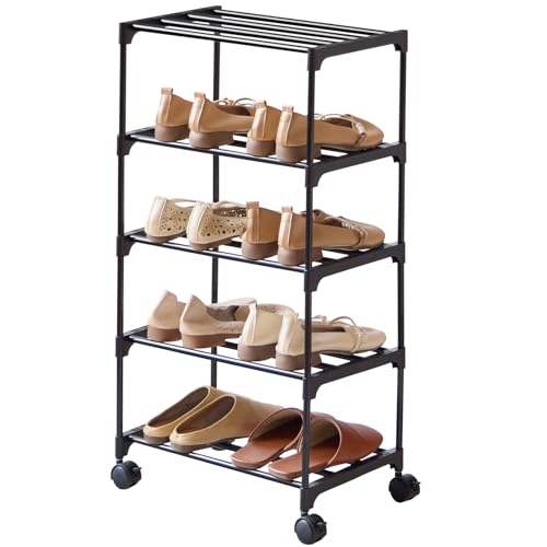 5-Tier Small Shoe Rack with Wheels, Slide-Out Metal Shoe Racks Storage, Anti-Rust Coating, Stackable Design - 16.9W for Entryway, Kitchen, Living Room & Office - Black