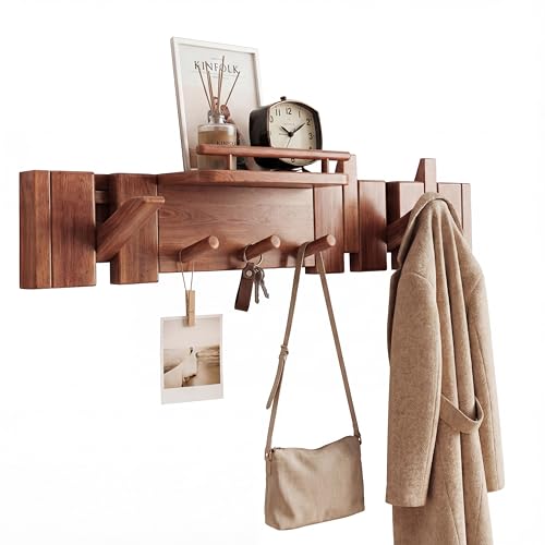 Mid Century Modern Walnut Foldable Entryway Wall Coat Hanger Hook with Shelf,Heavy Duty Wooden Piano Hidden Towel Hooks for Bathroom,Wall Rack for Purse&Key&Mail,Home Decor (Walnut, 7 Hooks) - color: Walnut, size: 7 Hooks