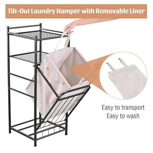 PLKOW Tilt Out Laundry Hamper with Shelf, Laundry Basket Laundry Hamper Cabinet with Removable Liner Bag, 65 Liter, 15.8L x 15.8W x 40H Inch