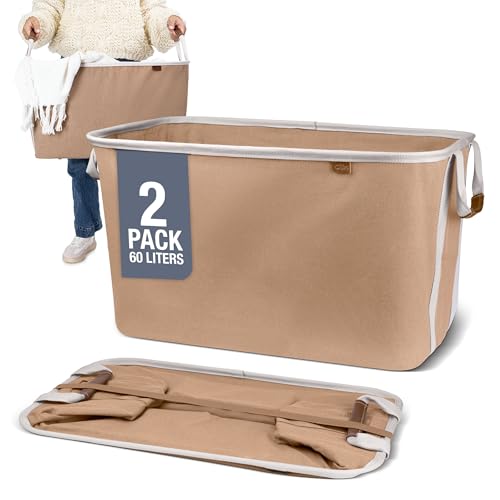 CleverMade Collapsible Laundry Basket LUXE 2 Pack – 60L (16 Gal) Foldable Cotton Blend Clothes Hamper with Vegan Leather Accents, Reinforced Handles, Space Saving Laundry Bin Holds 55 lbs - Mocha - color: Mocha Cream