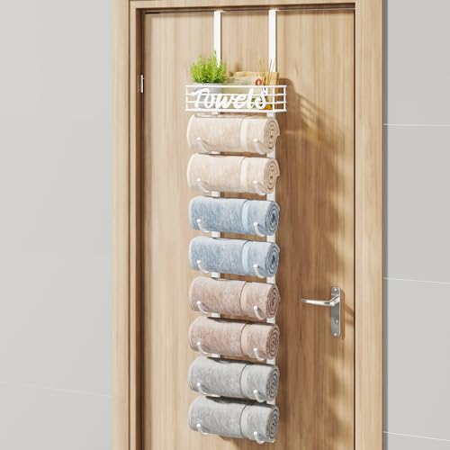 HapiRm Towel Racks for Bathroom Storage - 9 Tier Over The Door & Wall Mount Rolled Towel Storage Organizer Holder with Metal Shelf Basket for Small Bathroom, Camper, Rv - White, Patented - color: White, size: 9-Tier