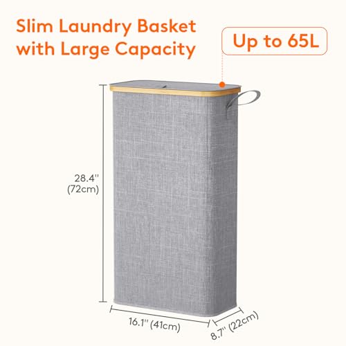Lifewit 65L Slim Laundry Hamper with Lid, Narrow Laundry Basket with Removable Bag & Bamboo Handles, Fodable Thin Dirty Clothes Hamper for Laundry Collapsible Bin for Bathroom Bedroom Dorm, Gray - color: Gray, size: 65L