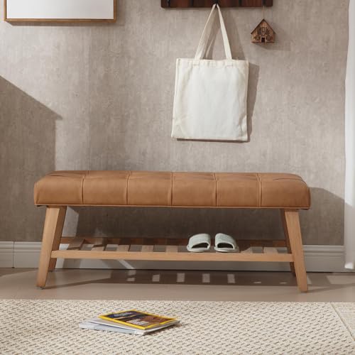 Farmhouse Upholstered Storage Entryway Bench with Shoe Shelf, 2 Tier Faux Leather Button Tufted Bench with Wooden Frame for End of Bed/Hallway/Reception/Living Room, Brown - color: Brown