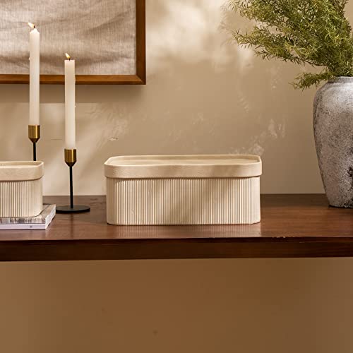 LA JOLIE MUSE Fluted Cardboard Storage Baskets with Leather-Like Lids, Sturdy Stackable Paper Boxes Decorative Tray, Light Grey, Set of 3 - color: Gray