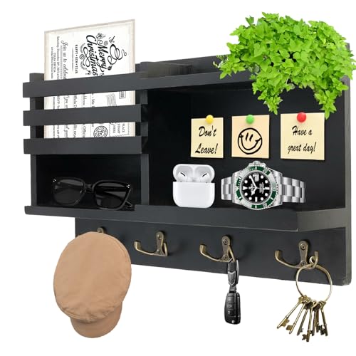 Farmhouse Wall Decor Key Holder with Mail Organizer - Solid Wood Wall Mount Key Rack (8 Hooks) | Self-Adhesive/Drill Install | Entryway Shelf for Keys, Sunglasses & Home Organization (BLACK)